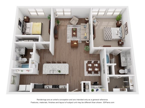 Floor plan for 2 beds, 2 baths, 1137 sqft